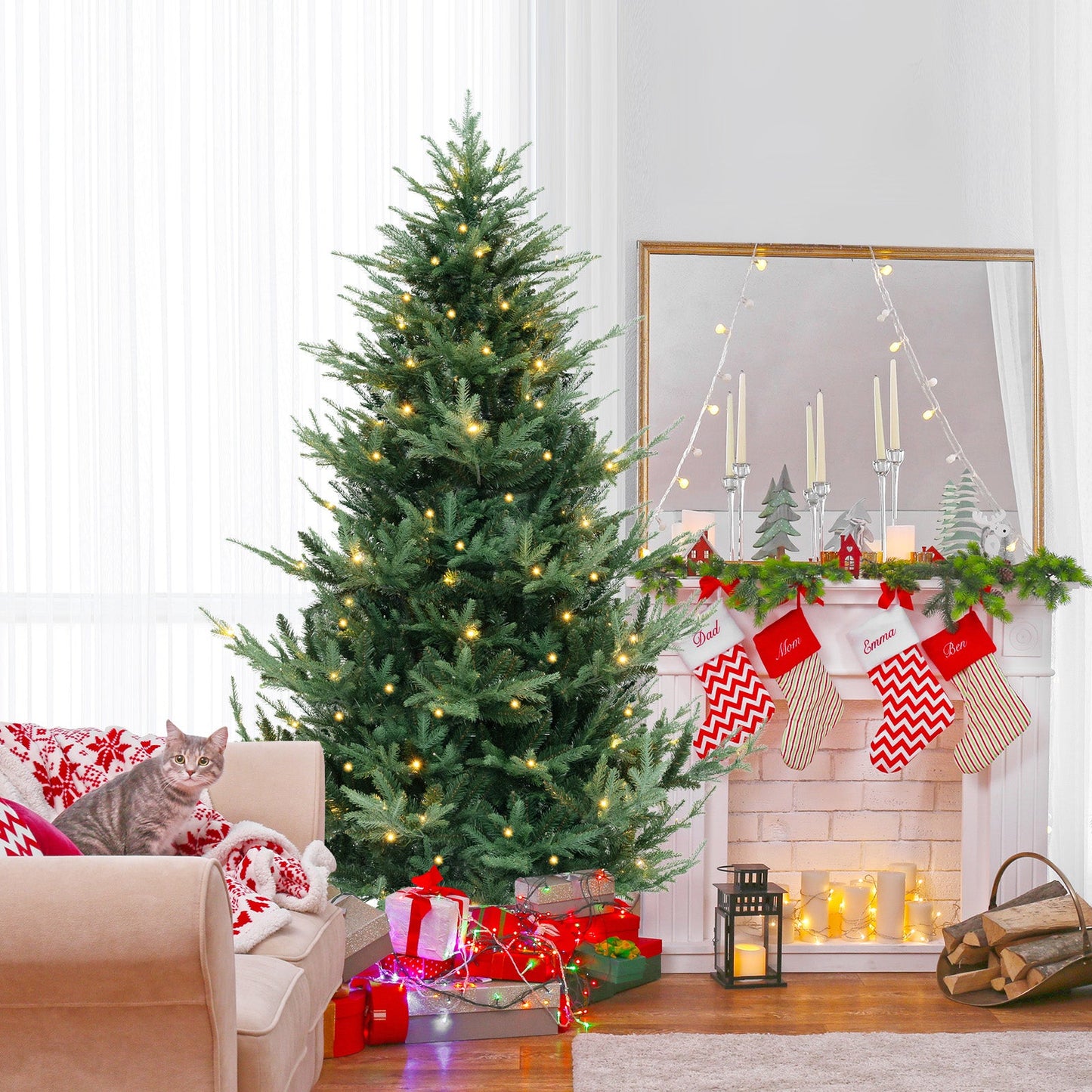 6/7/8 FT Árbol de Navidad Artificial Preiluminado con Bisagras con 778/1480 Puntas de Rama de PVC y PE-L