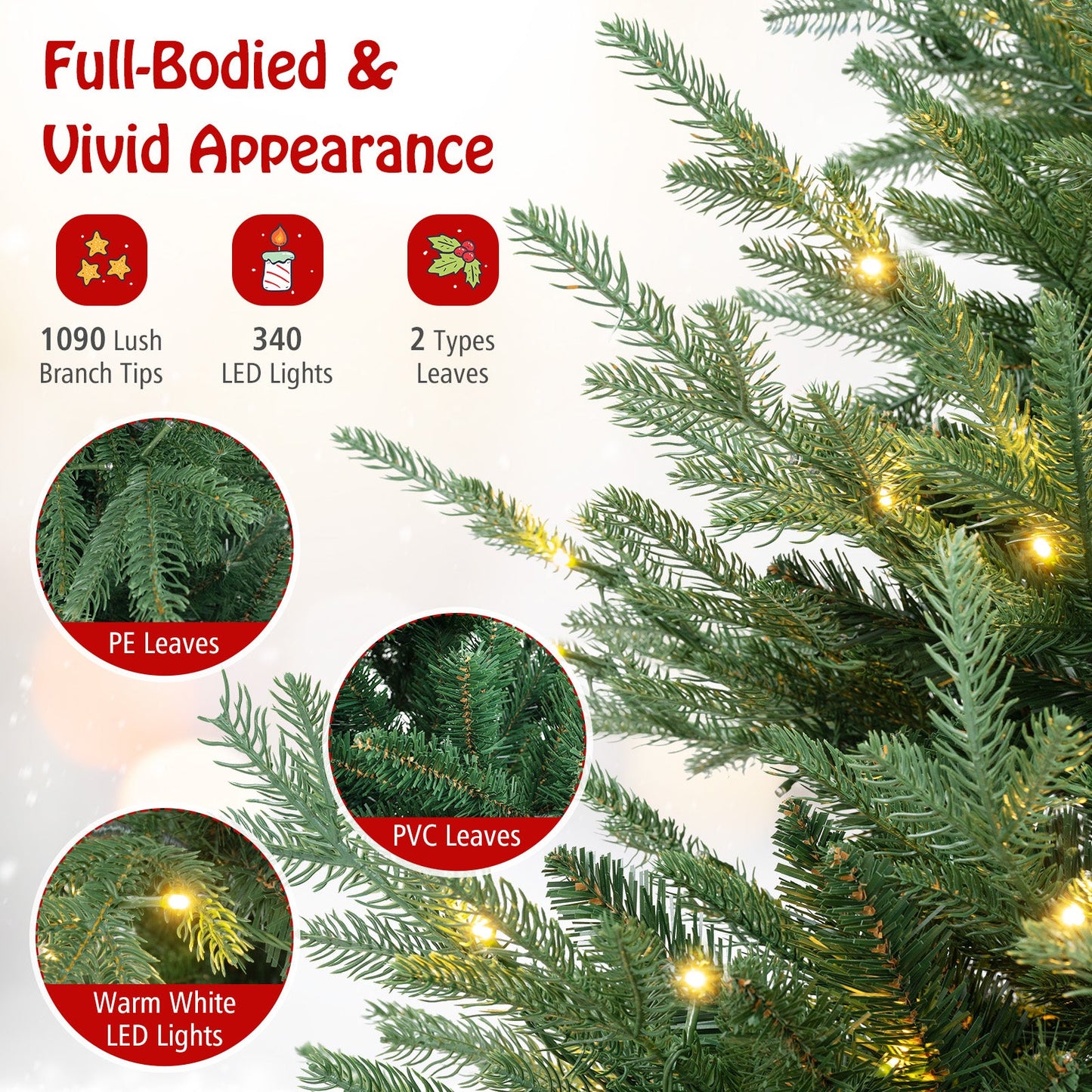 6/7/8 FT Árbol de Navidad Artificial Preiluminado con Bisagras con 778/1480 Puntas de Rama de PVC y PE-L