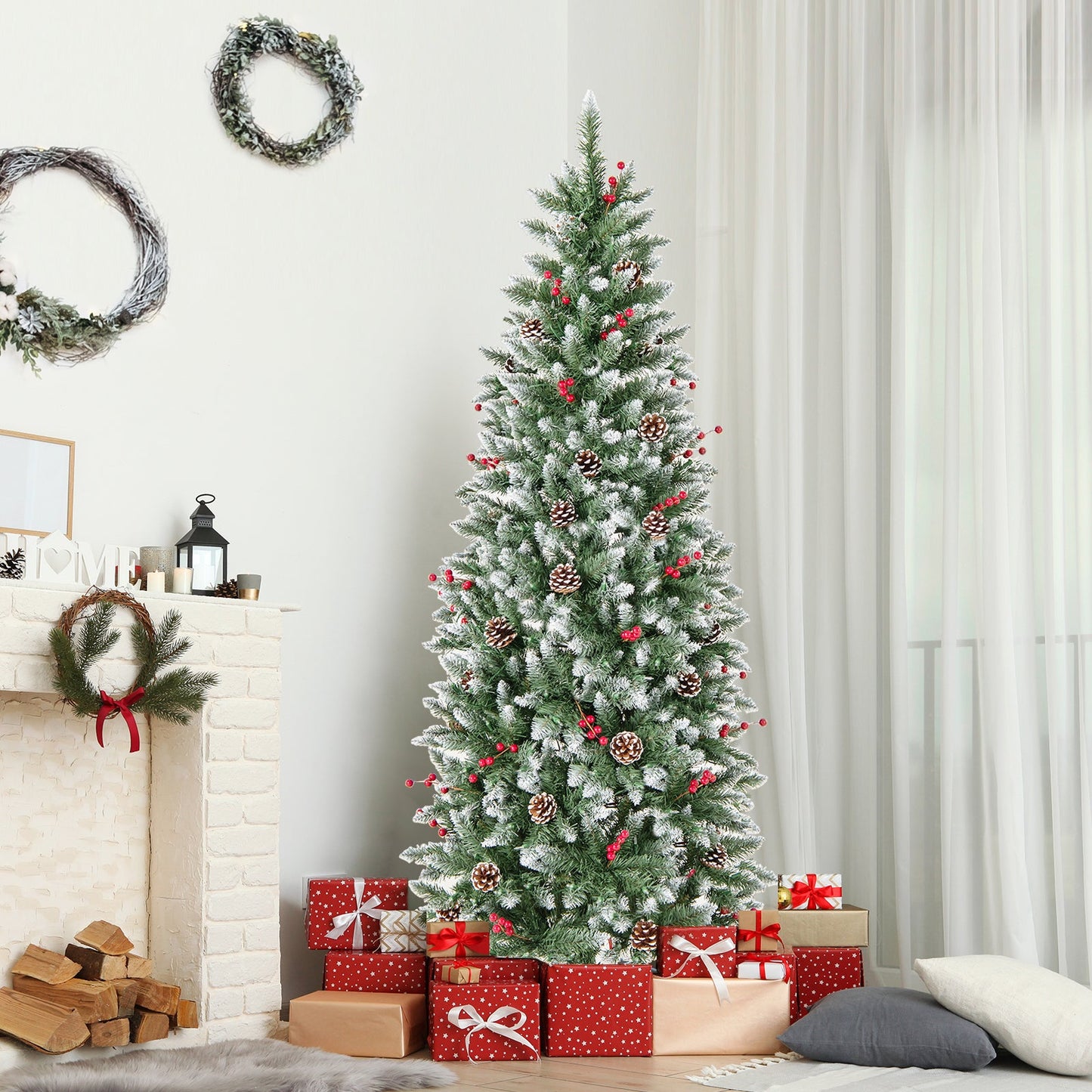 Pre-lit Artificial Pencil Christmas Tree with Pine Cones and Red Berries