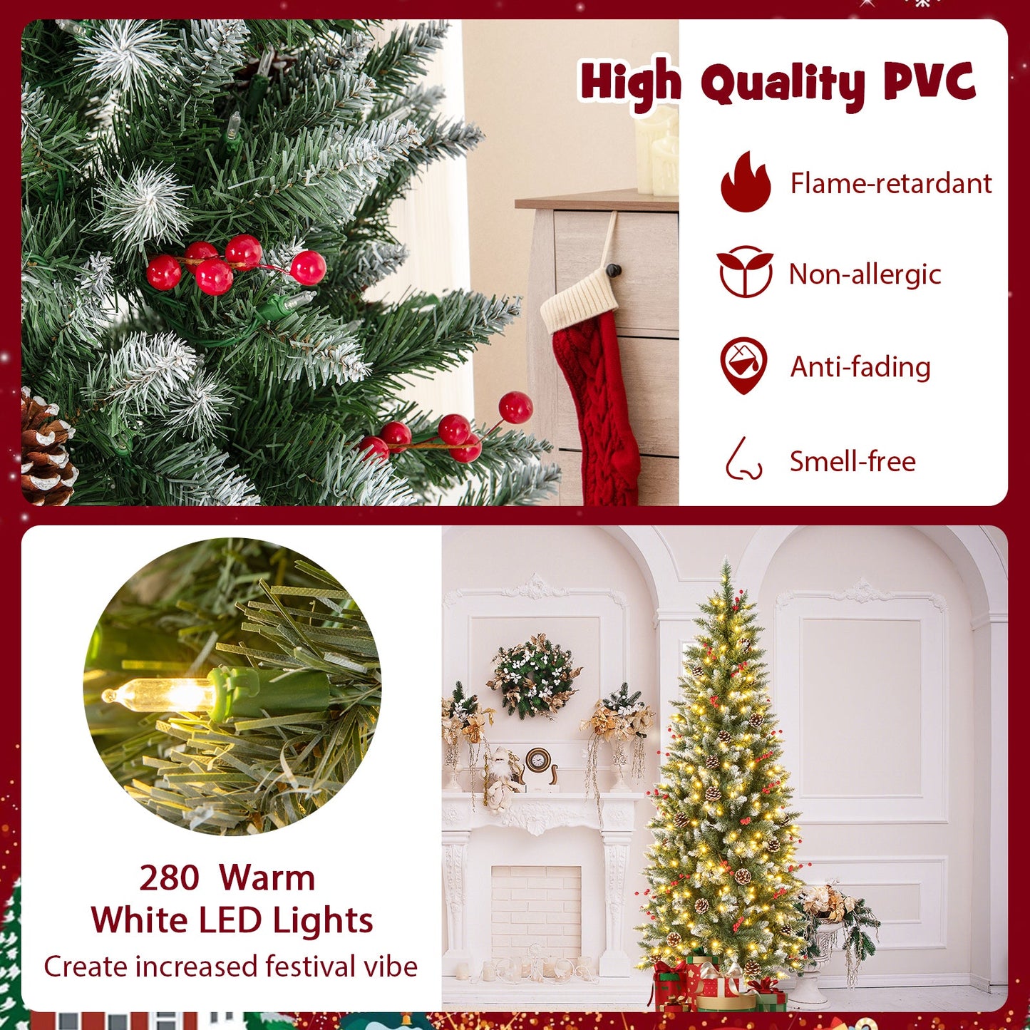 Pre-lit Artificial Pencil Christmas Tree with Pine Cones and Red Berries
