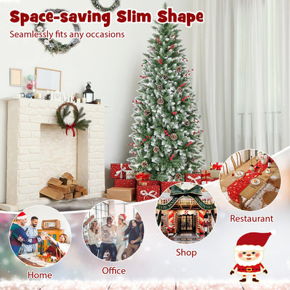 Pre-lit Artificial Pencil Christmas Tree with Pine Cones and Red Berries