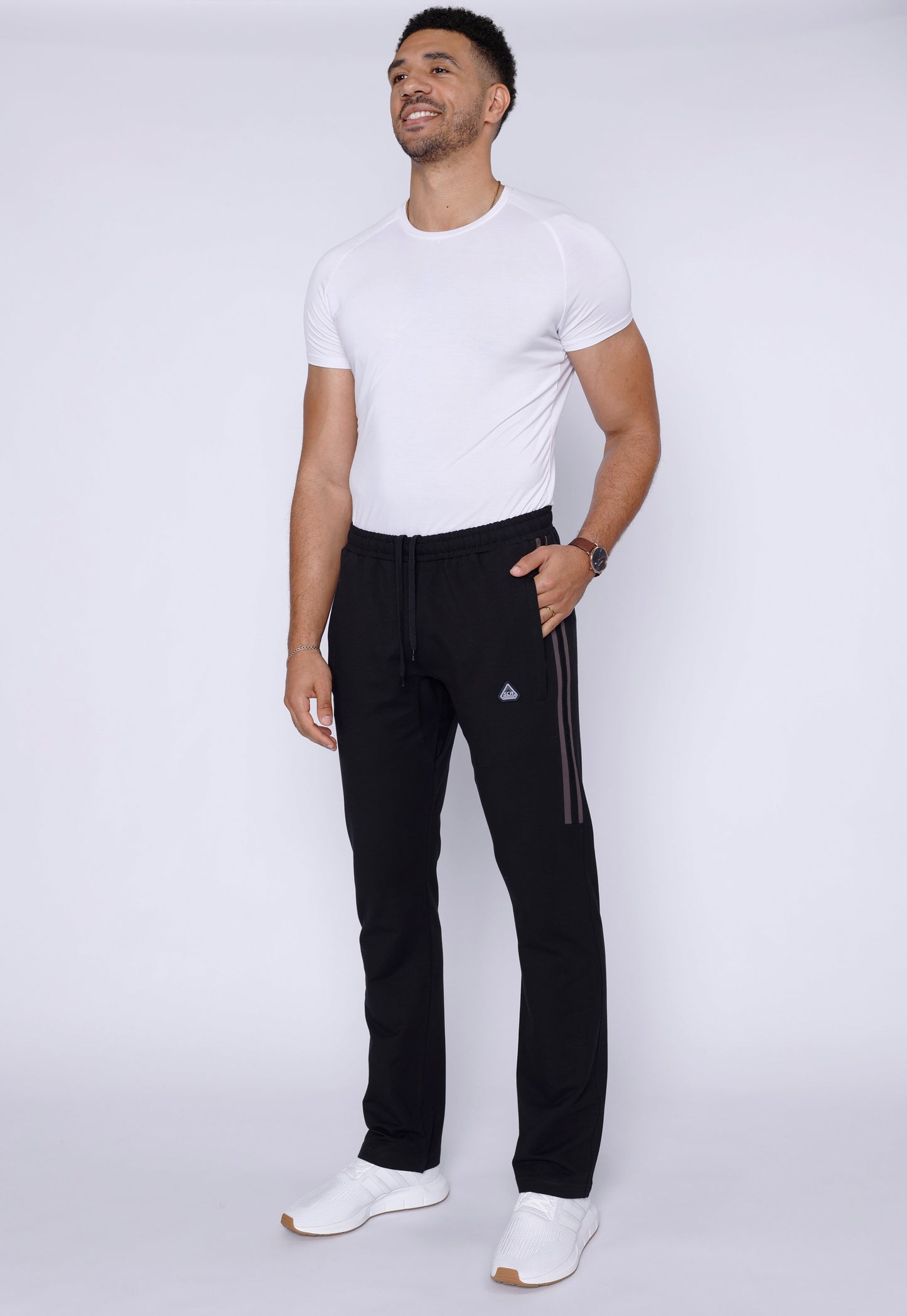 Ultimate Flex Athletic Sweatpants - SCR Sportswear men's joggers, black with side stripes and logo patch on Tampa Home & Garden Store
