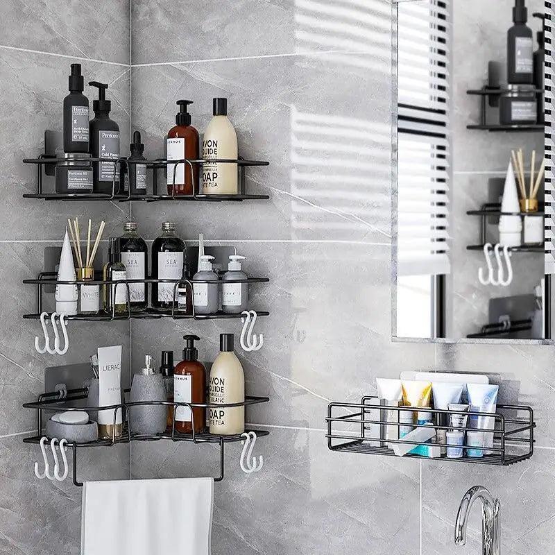 Shower shelf wall-mounted corner frame caddy black wrought iron with white hooks Stevvex on Tampa Home & Garden Store