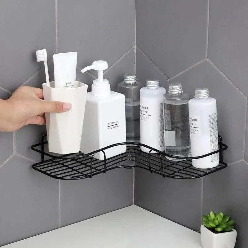Stevvex corner frame shower shelf in black wrought iron with suction cups on Tampa Home & Garden Store