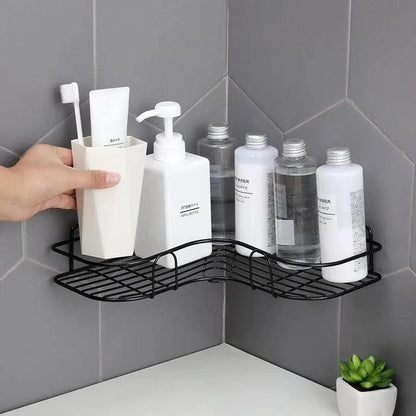 Stevvex corner frame shower shelf in black wrought iron with suction cups on Tampa Home & Garden Store