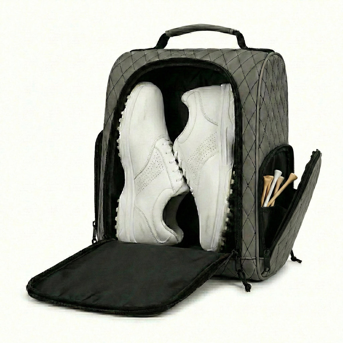 Premium Golf Shoe Bag vented black quilted synthetic leather with white golf shoes on Tampa Home & Garden Store