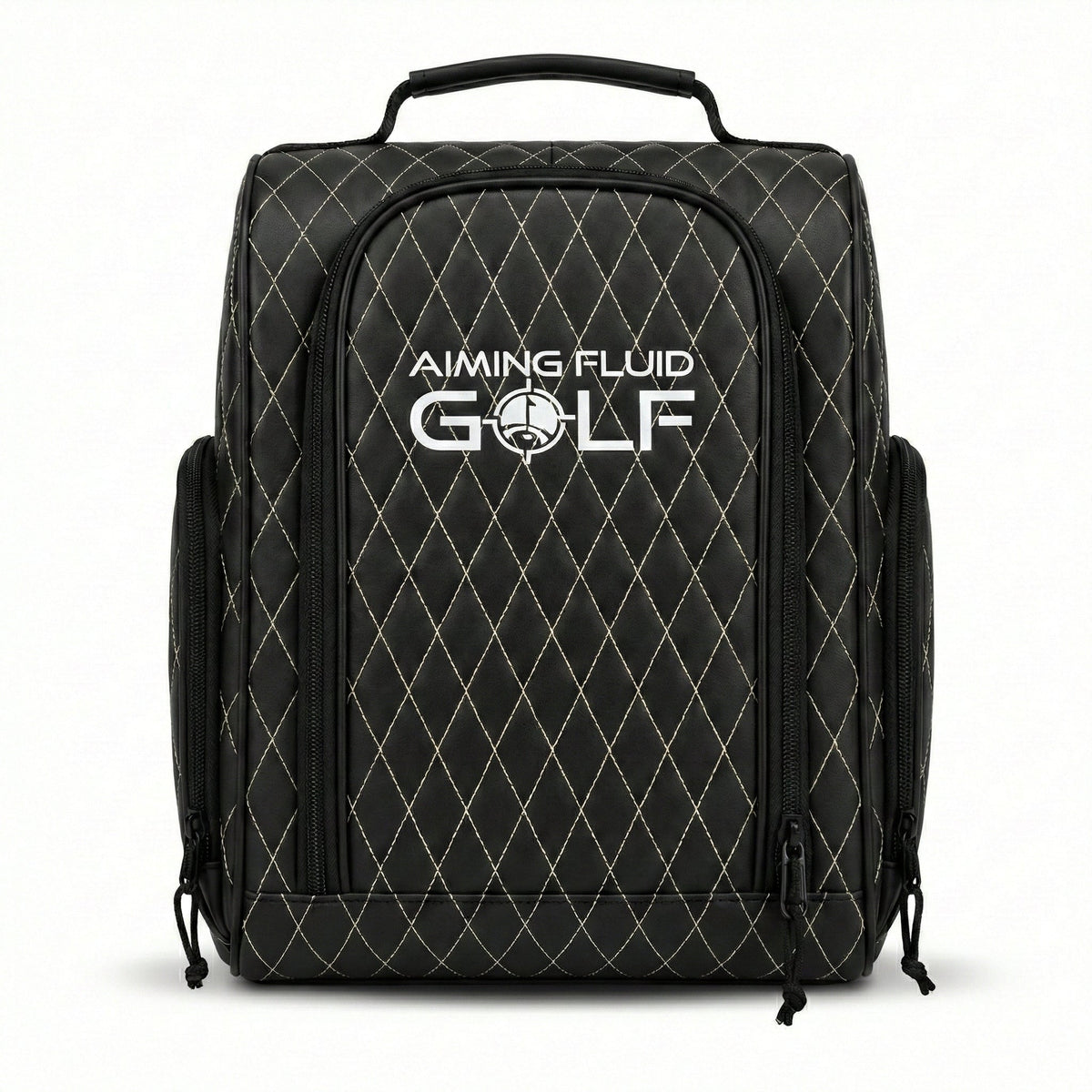 Golf Shoe Bag by Aiming Fluid Golf, black quilted synthetic leather with vented panels on Tampa Home & Garden Store