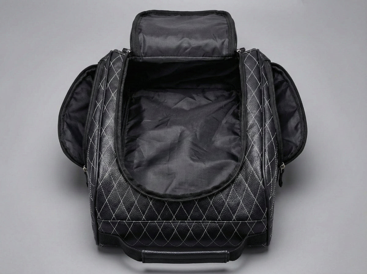 Premium Golf Shoe Bag by Aiming Fluid Golf in black synthetic leather with diamond quilt on Tampa Home & Garden Store