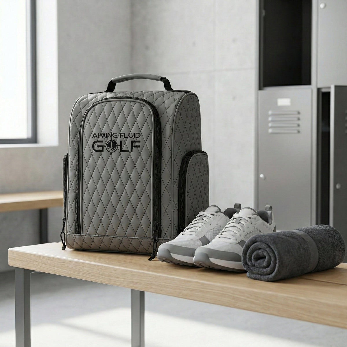 Aiming Fluid Golf premium golf shoe bag, gray quilted vented synthetic leather with handle on Tampa Home & Garden Store