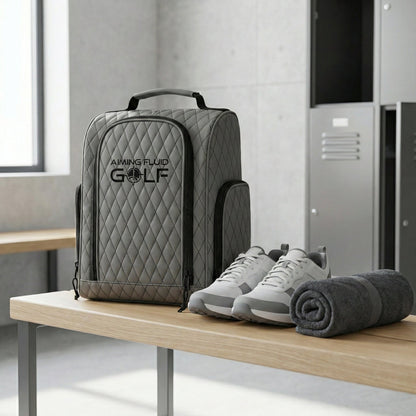 Aiming Fluid Golf premium golf shoe bag, gray quilted vented synthetic leather with handle on Tampa Home & Garden Store