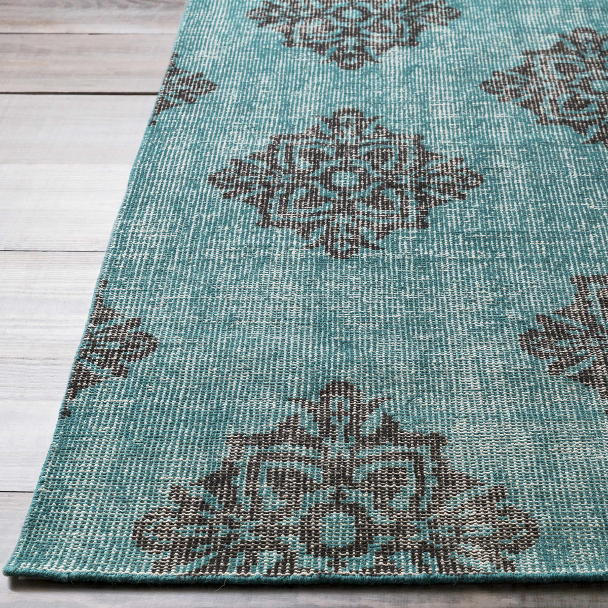 Presidio Area Carpet rug by Boutique Rugs in teal with brown ornate motif on Tampa Home & Garden Store