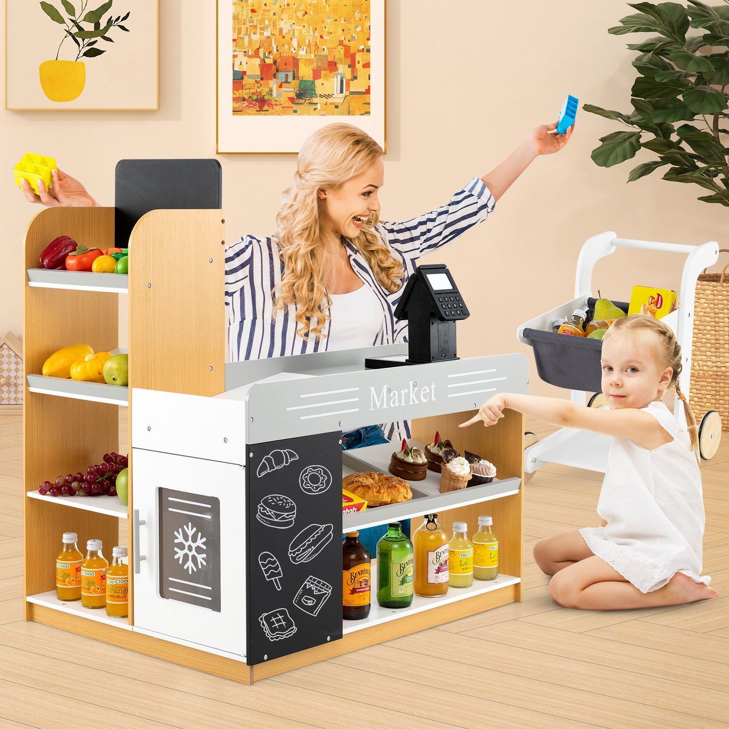 Pretend Play Grocery Store Set with Shopping Cart and 2 Chalkboards-White
