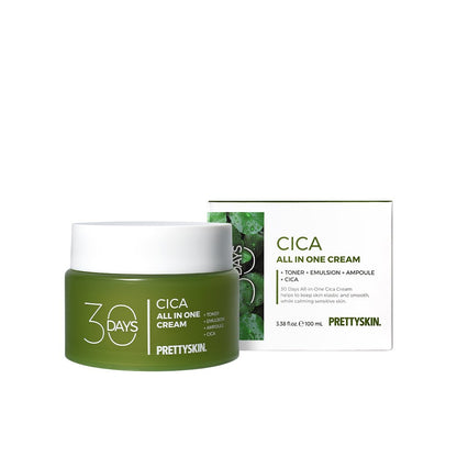 PRETTYSKIN 30 Days All-in-One Cica Cream jar with olive green body and white lid beside box on Tampa Home & Garden Store