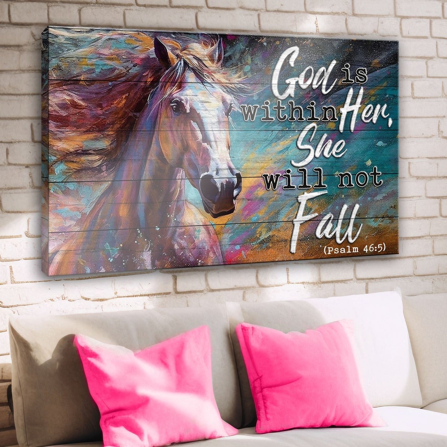 Canvas faith sign God Is Within Her She Will Not Fall Psalm 46:5 with horse artwork on Tampa Home & Garden Store