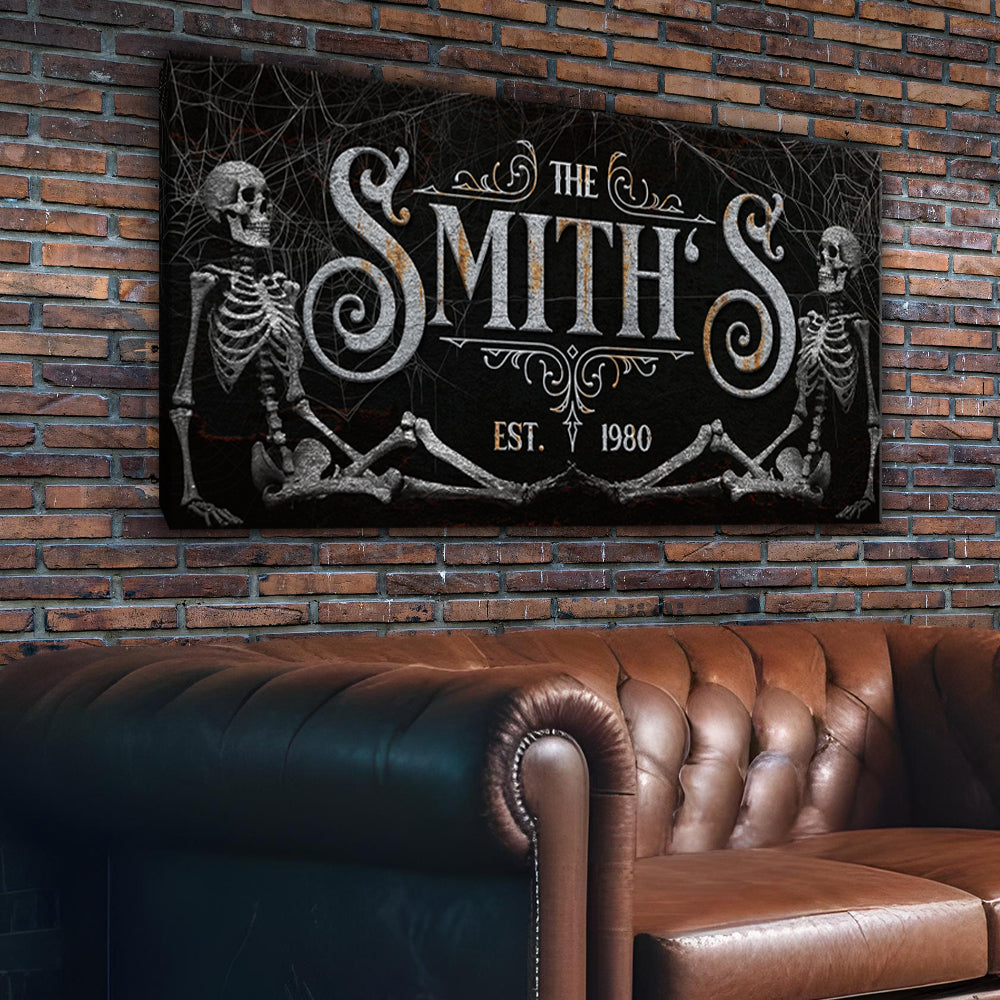 Gothic Family Sign VI canvas by Tailored Canvases with skeleton art on brick wall on Tampa Home & Garden Store