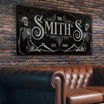 Gothic Family Sign VI canvas by Tailored Canvases with skeleton art on brick wall on Tampa Home & Garden Store
