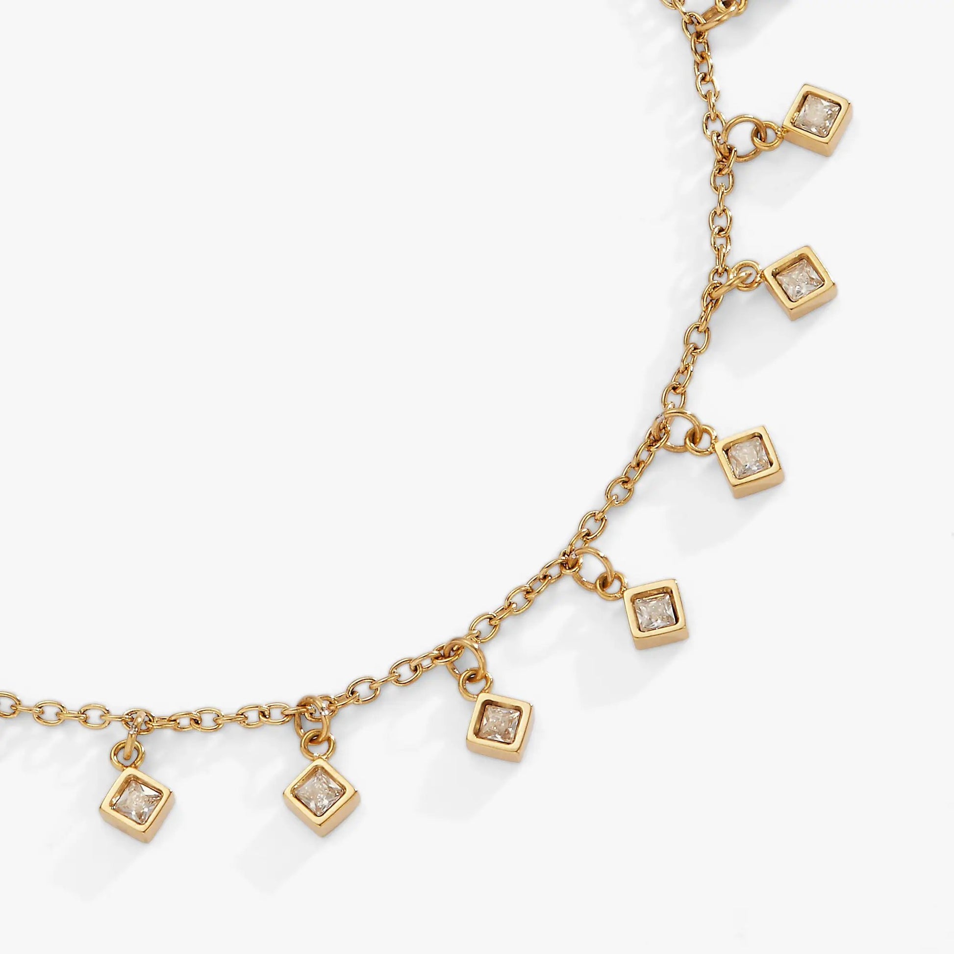 Princess Cut Crystal Bracelet in gold-tone chain with square crystal charms on Tampa Home & Garden Store