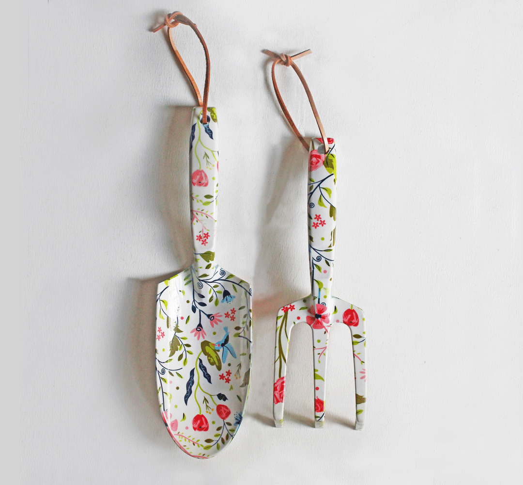 Printed Tool Set with floral trowel and cultivator, leather hanging loops by Womanswork on Tampa Home & Garden Store