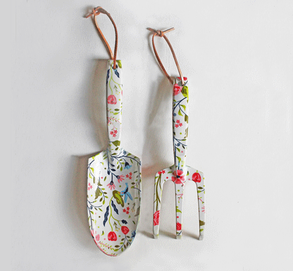 Printed Tool Set with floral trowel and cultivator, leather hanging loops by Womanswork on Tampa Home & Garden Store