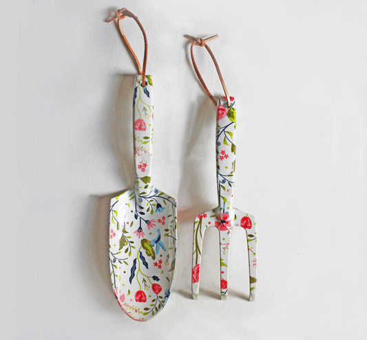 Printed Tool Set with floral trowel and cultivator, leather hanging loops by Womanswork on Tampa Home & Garden Store