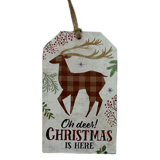 Wooden Plaid Gift Tag Ornament - Oh Deer! Christmas Is Here - Tampa Home & Garden Store