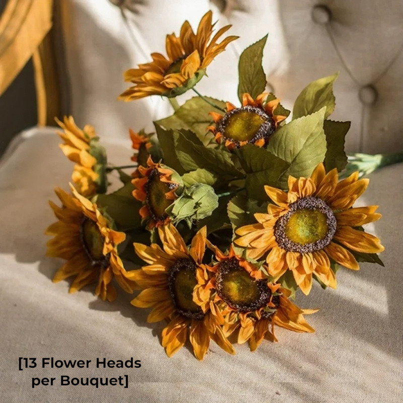 Painterly Sunflower Bouquet 20in by RusticReach, artificial sunflowers with 13 heads and leaves on Tampa Home & Garden Store