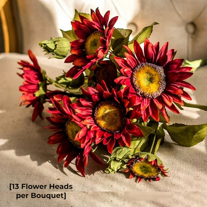 Painterly Sunflower Bouquet, 20in artificial flowers, red petals with yellow centers, 13 heads on Tampa Home & Garden Store