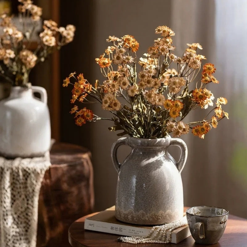 Autumn Daisy Spray 21 in gray ceramic pitcher with orange blooms RusticReach artificial plant on Tampa Home & Garden Store