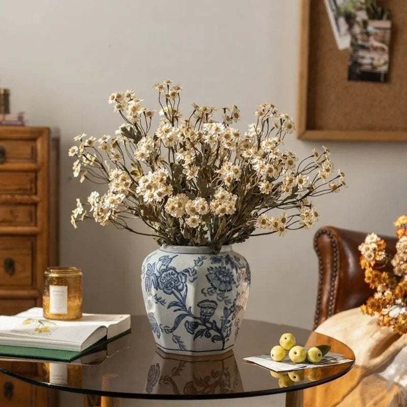 RusticReach Autumn Daisy Spray 21in artificial flowering plant in blue floral vase on glass table on Tampa Home & Garden Store