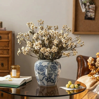 RusticReach Autumn Daisy Spray 21in artificial flowering plant in blue floral vase on glass table on Tampa Home & Garden Store