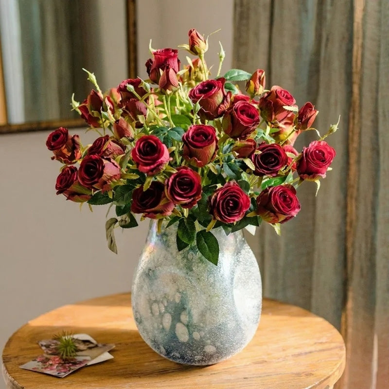 Vintage Garden Rose Stem bouquet 25in, deep red artificial roses in a dusty blue speckled vase by RusticReach on Tampa Home & Garden Store