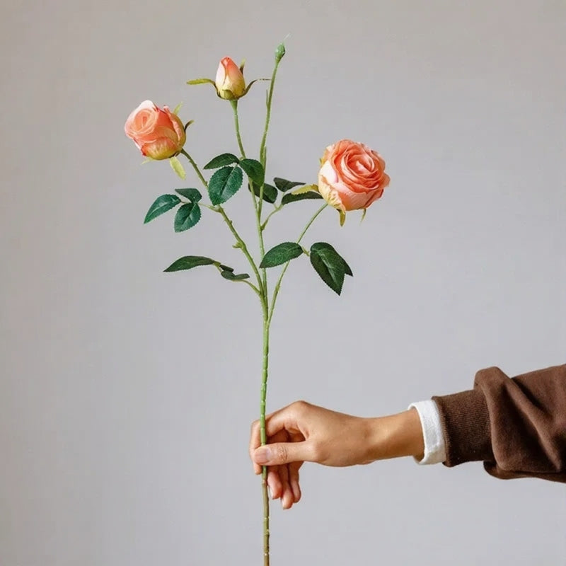 Vintage Garden Rose Stem 25in, peach roses and leaves, RusticReach artificial flowering plant on Tampa Home & Garden Store