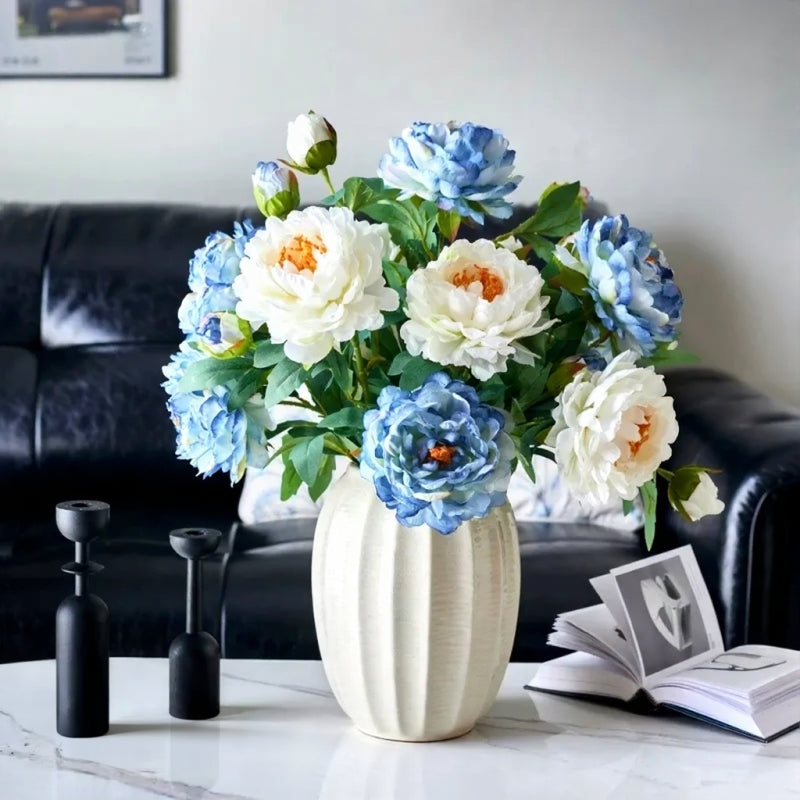 Vintage Peony Stem bouquet, blue white artificial flowers by RusticReach in a cream ribbed vase on Tampa Home & Garden Store