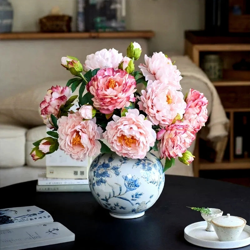 Vintage Peony Stem 26in bouquet pink blooms and green leaves in blue porcelain vase on Tampa Home & Garden Store