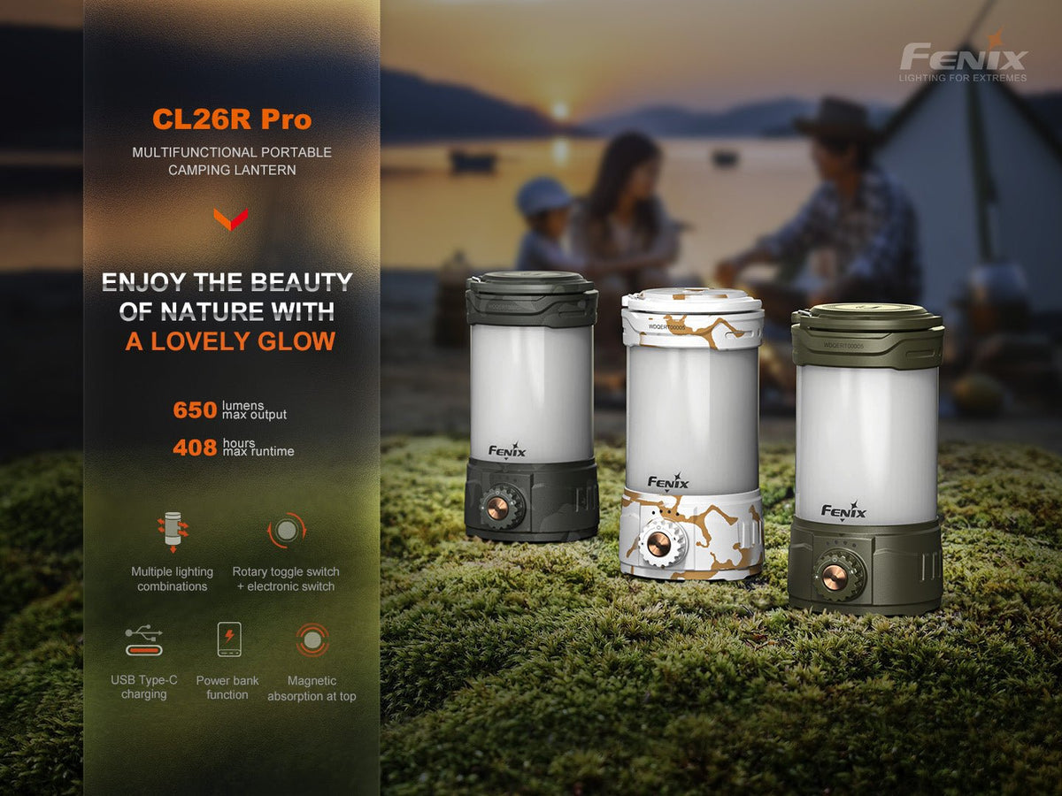 Fenix CL26R Pro LED rechargeable camping lanterns, 3 units in gray/camo, shore at sunset on Tampa Home & Garden Store