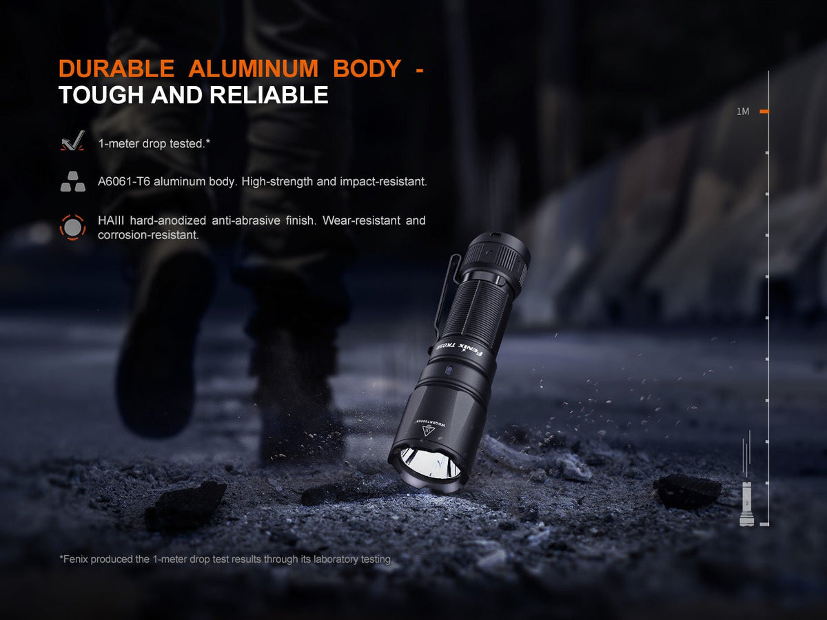 Fenix TK05R compact tactical flashlight, black anodized aluminum body with pocket clip on Tampa Home & Garden Store