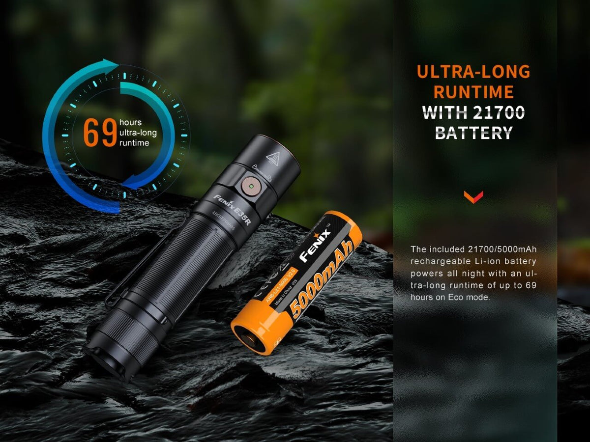 Fenix E35R EDC flashlight with black aluminum body and orange 5000mAh 21700 Li-ion battery on Tampa Home & Garden Store