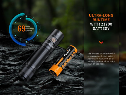 Fenix E35R EDC flashlight with black aluminum body and orange 5000mAh 21700 Li-ion battery on Tampa Home & Garden Store