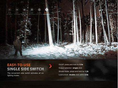 Fenix E35R EDC flashlight in snowy forest with hiker showing side switch and six modes on Tampa Home & Garden Store