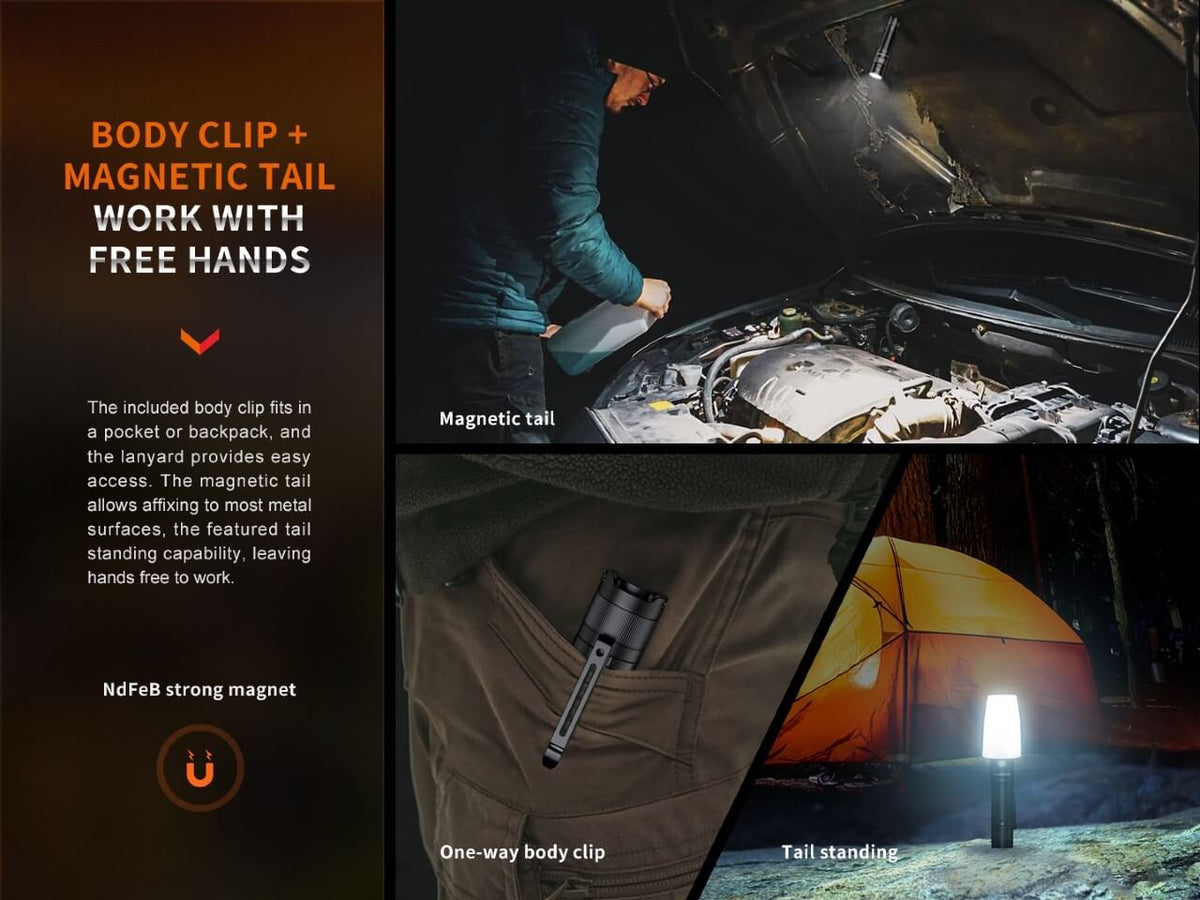 Fenix E35R EDC flashlight with magnetic tail and pocket clip; camping light and clip on Tampa Home & Garden Store