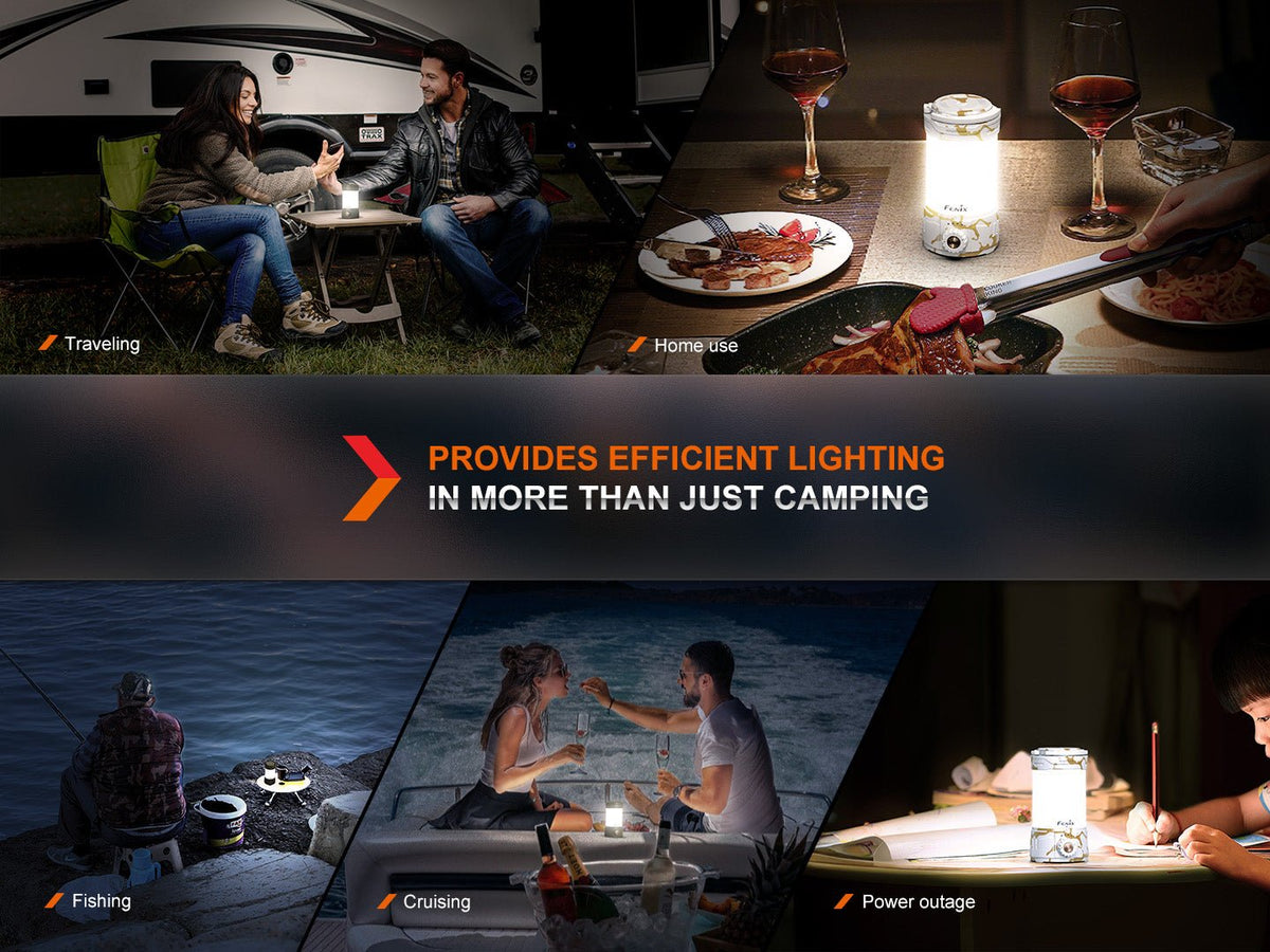 Fenix CL26R PRO LED Rechargeable Camping Lantern white camouflage shown in travel scenes on Tampa Home & Garden Store