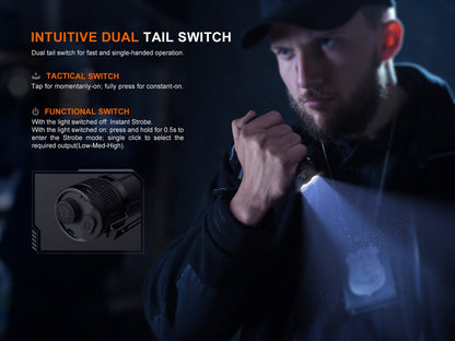 Fenix TK05R compact tactical flashlight, black aluminum body, dual tail switch in use on Tampa Home & Garden Store