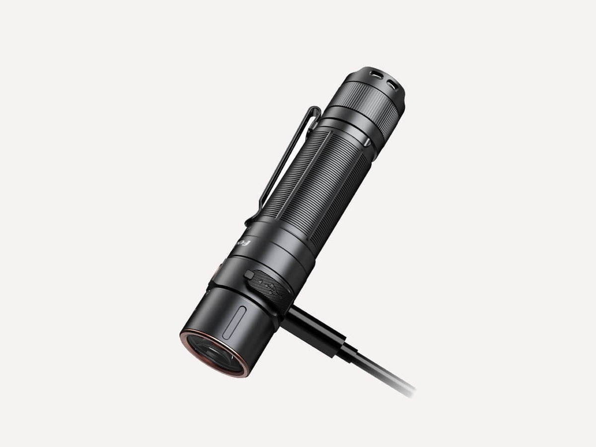 Fenix Store E35R rechargeable flashlight, black EDC with side clip and USB charging port on Tampa Home & Garden Store