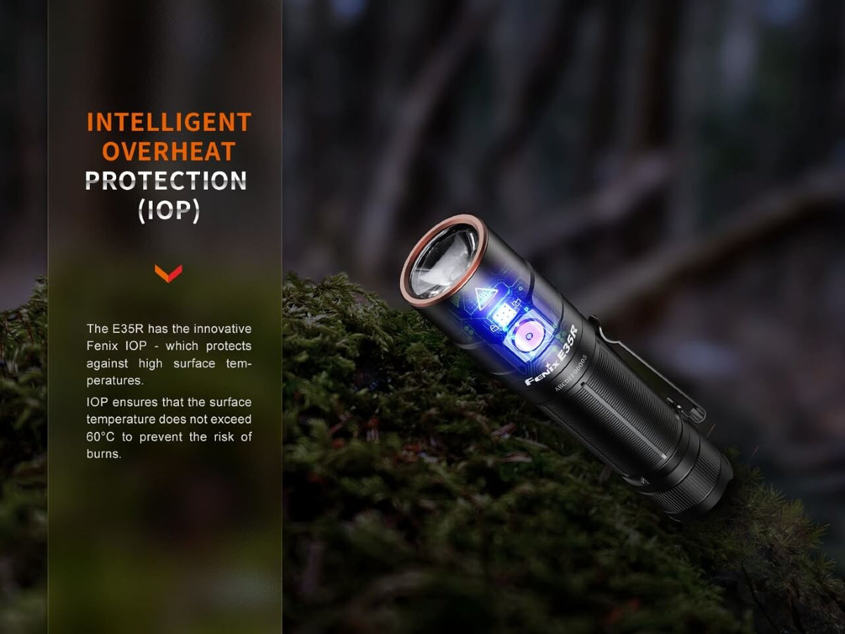 Fenix Store E35R EDC flashlight, black aluminum body with blue LED glow, outdoors on moss on Tampa Home & Garden Store