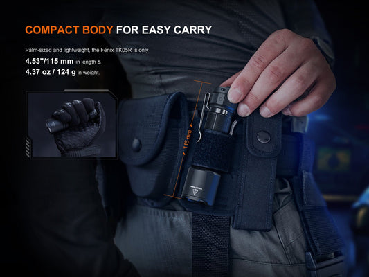 Fenix TK05R compact tactical flashlight in a vest holster for easy carry by Fenix Store on Tampa Home & Garden Store