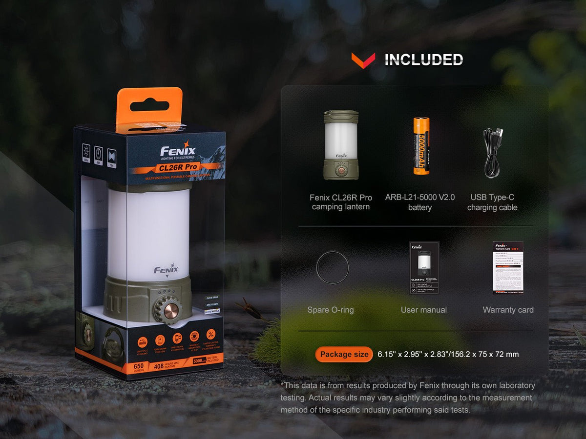 Fenix CL26R Pro lantern in box; includes ARB-L21-5000 battery and USB-C cable on Tampa Home & Garden Store