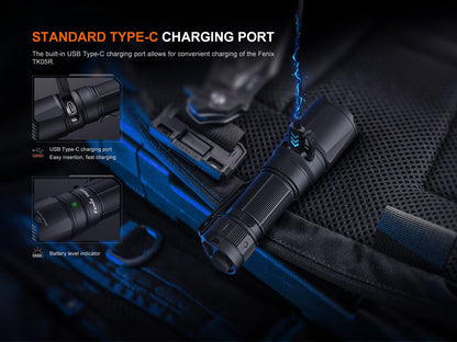 Fenix TK05R tactical flashlight with USB-C charging port and battery level indicator on gear on Tampa Home & Garden Store