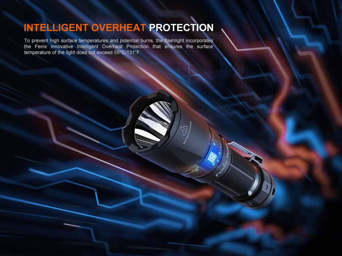 Fenix TK05R tactical EDC flashlight, black body with textured grip and blue LED ring on Tampa Home & Garden Store