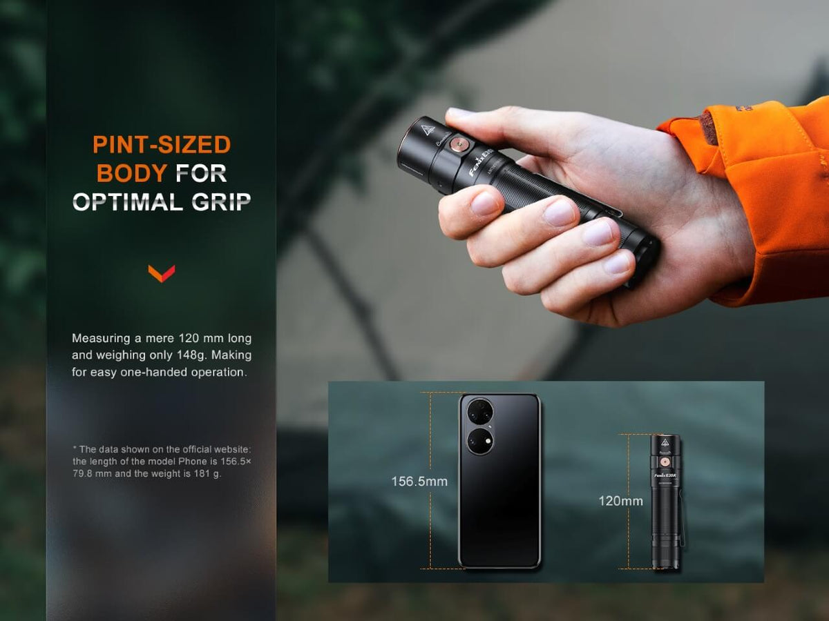 Fenix E35R compact EDC flashlight; black aluminum, orange activation button, handheld grip on Tampa Home & Garden Store