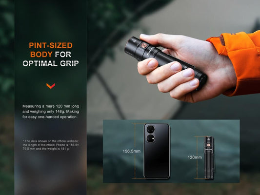 Fenix E35R compact EDC flashlight; black aluminum, orange activation button, handheld grip on Tampa Home & Garden Store
